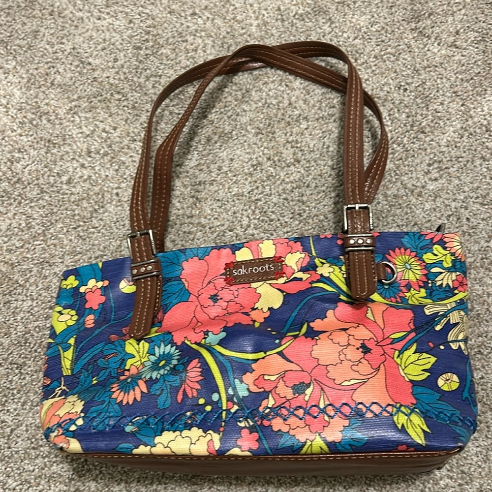 SakRoots Colorful Whimsical Double Handle Floral Canvas Coated Satchel Purse